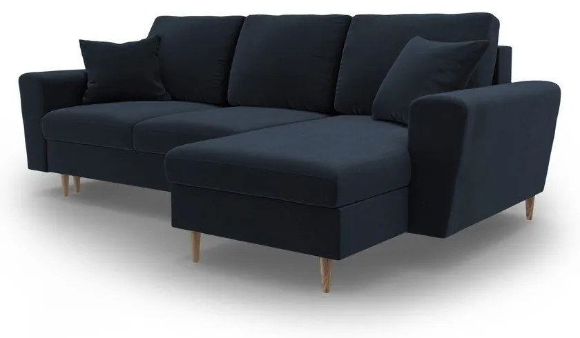 Sötétkék bársony kinyitható tárolóhelyes sarokkanapé Kyoto – Cosmopolitan Design