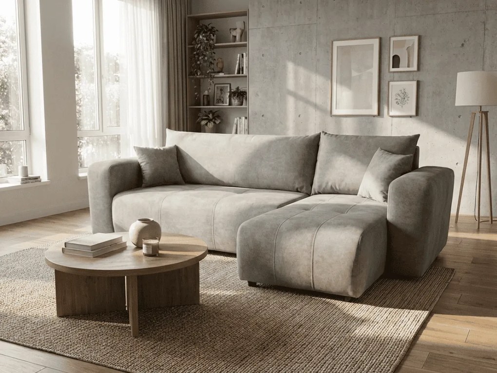 Világosszürke kihúzható sarokkanapé SORELA, kétoldalas + 2 párna AJÁNDÉK