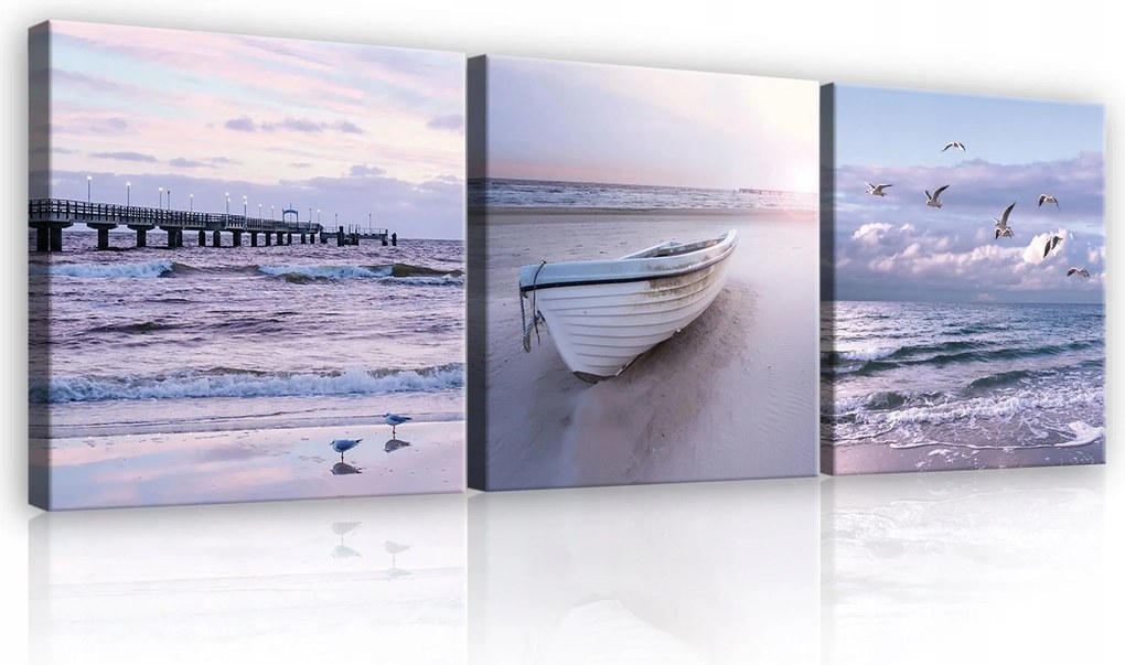 Vászonkép 75x25 Tengeri táj tengerpart csónak sirályok pasztell színek tenger