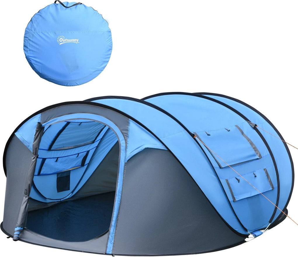 Outsunny Pop-Up Kemping Sátor 4-5 Fő Részére, Azonnali Kemping Sátor Ablakokkal, Zsebekkel és Vízálló UV Védelemmel, Hordtáska 263,5x220x123 cm Kék |