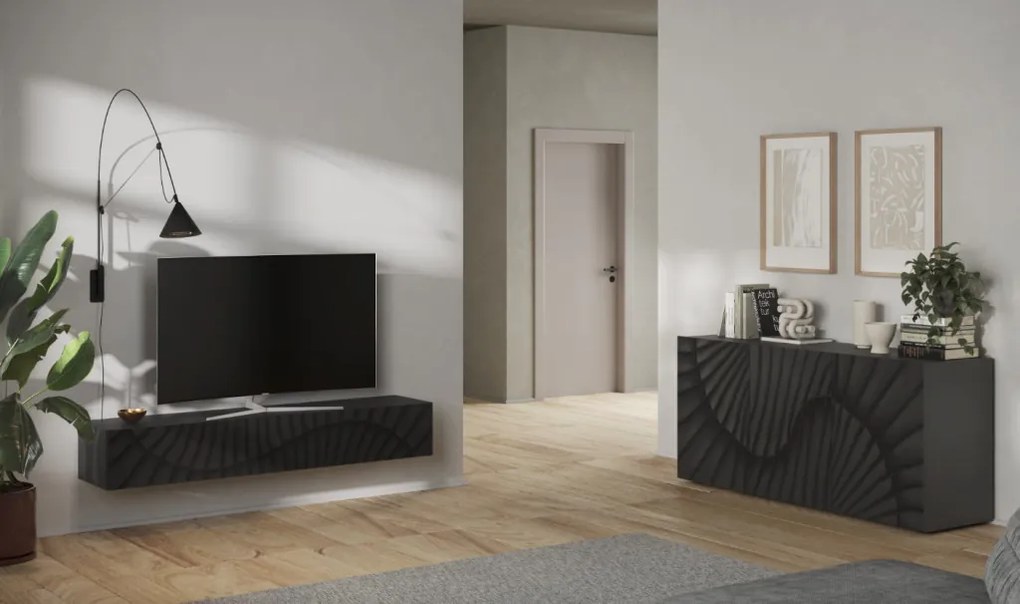 SNAKE TV állvány/fali szekrény, egy felnyíló ajtóval, antracitszürke laminált tettel és antracitszürke, díszített mintázatú előlapokkal