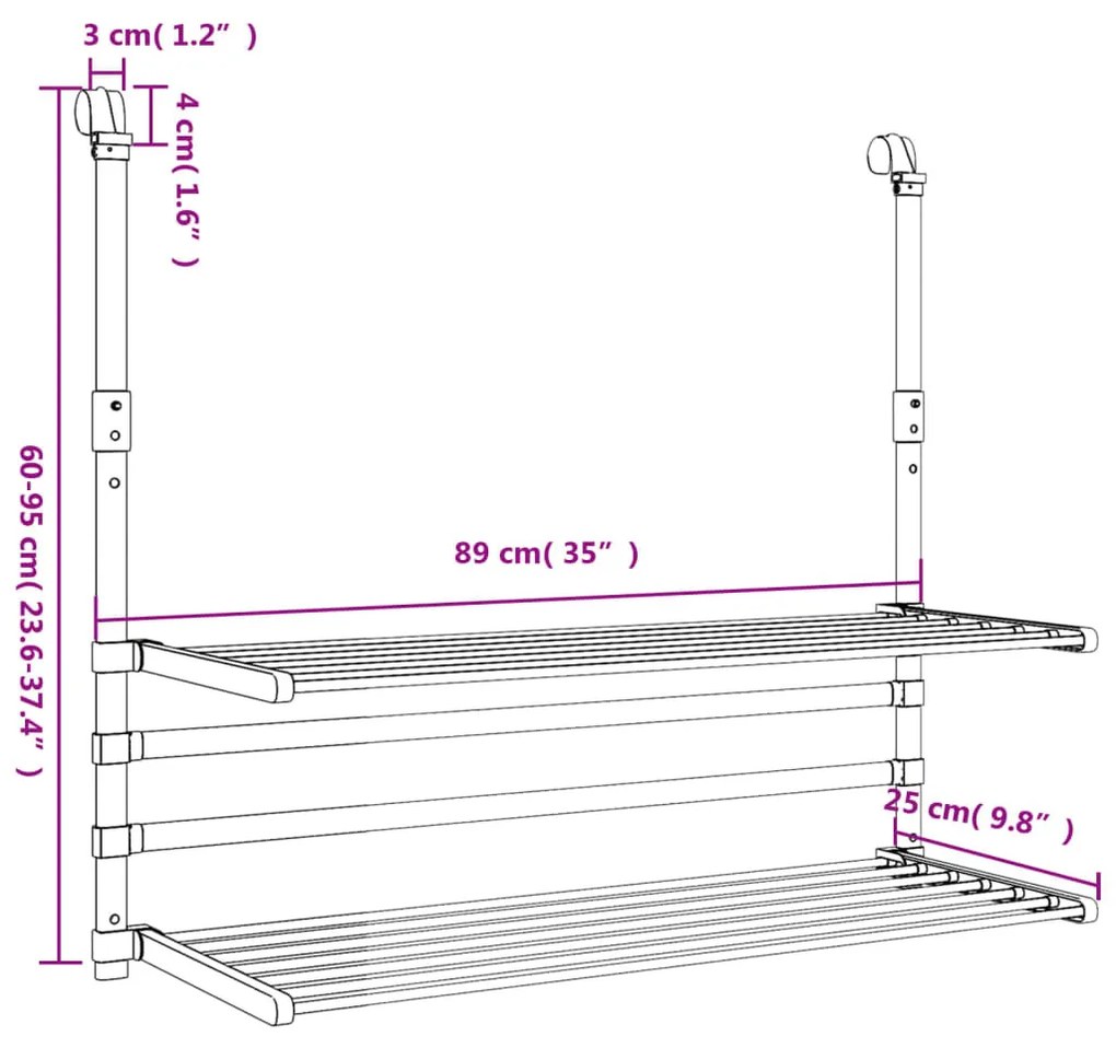 alumínium erkély ruhaszárító 89 x 25 x (60-95) cm