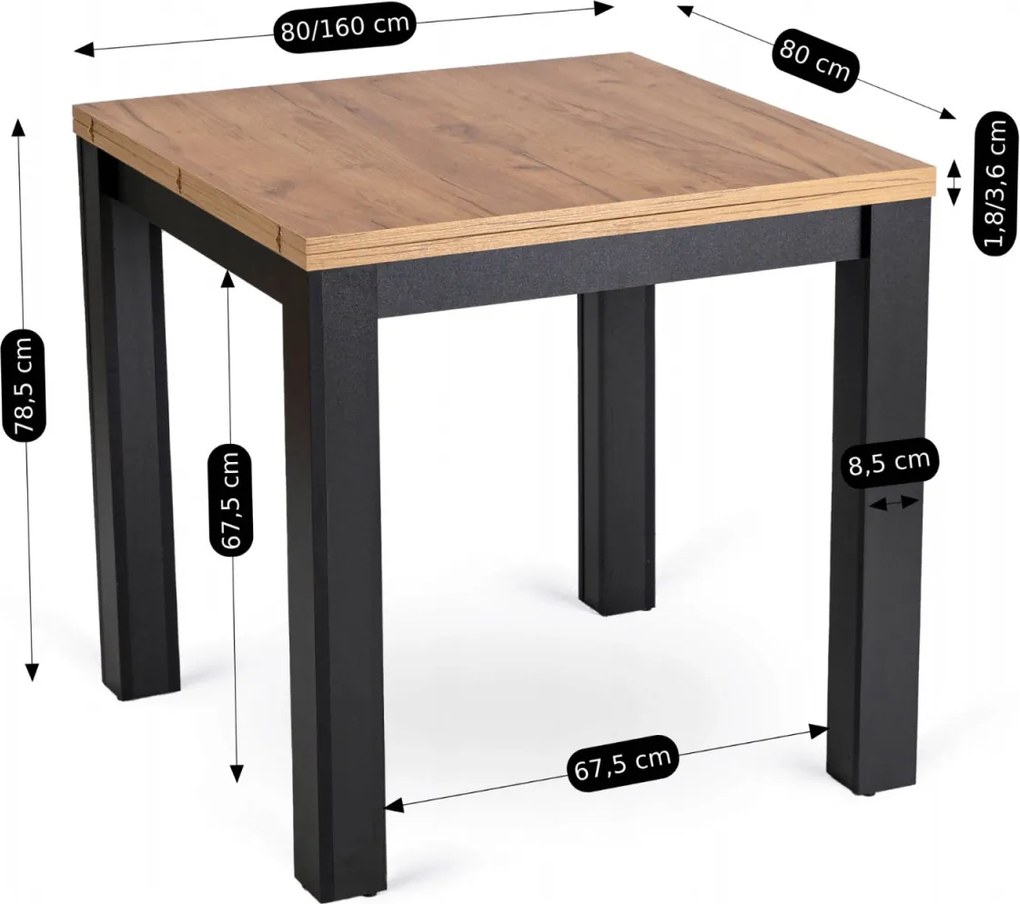 Kihúzható étkezőasztal 80–160 cm méretben, craft tölgy/fekete színben MAX