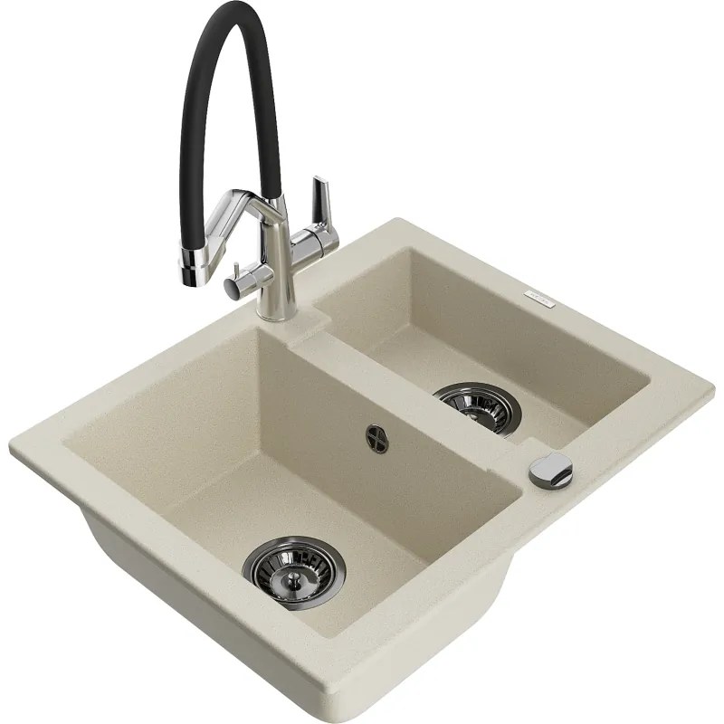 Mexen Carlos 1,5 rekeszes gránit mosogató konyhai csapteleppel Duo, bézs - 6518-69-671701-07-B