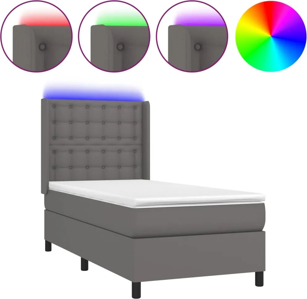 vidaXL szürke műbőr rugós ágy matraccal és LED-del 90x200 cm