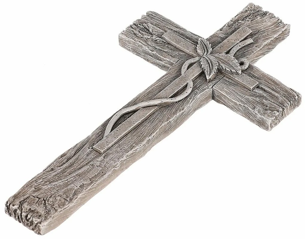 Tiszteletteljes dekoráció Kereszt levelekkel, fautánzat, polirezín, 11 x 21 x 2 cm