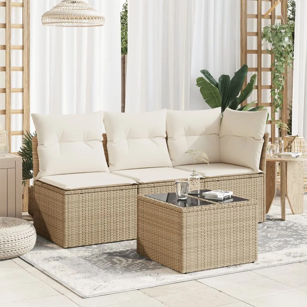 bézs polyrattan üveglapos kerti asztal 55 x 55 x 37 cm