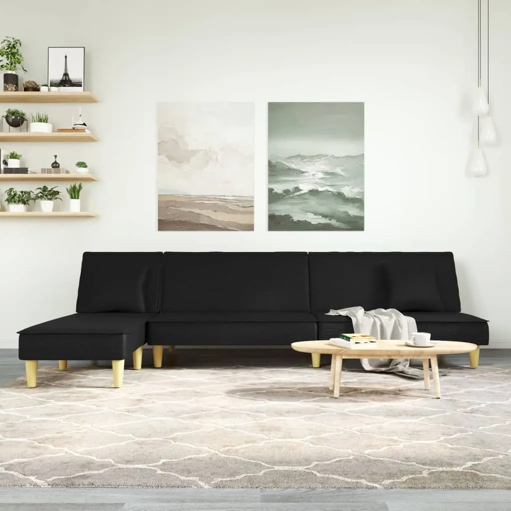 fekete L-alakú szövet kanapéágy 255x140x70 cm