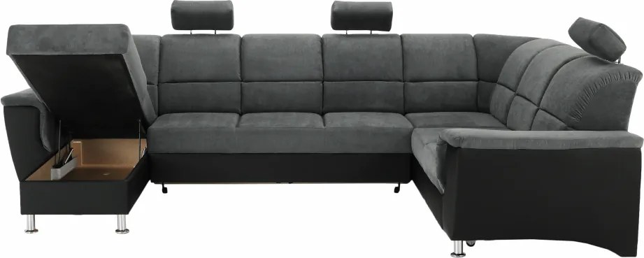 Ülőgarnitúra, műbőr fekete/szövet sötétszürke, jobbos, SANTIAGO U