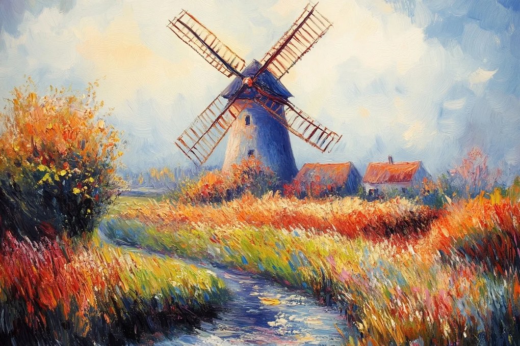 Vászonkép Canvas Tájkép Szabadtéri Táj Falu Szélmalom Folyó 120x80