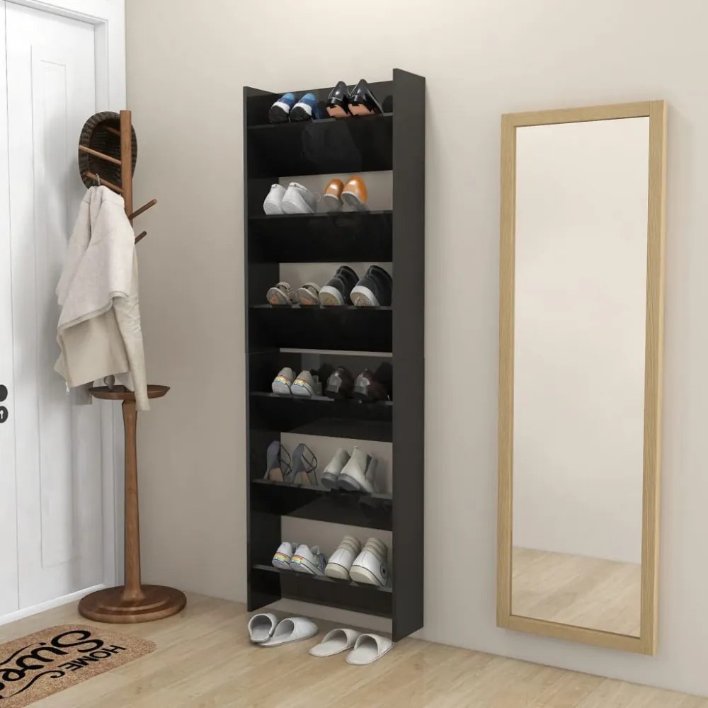 2 db magasfényű fekete szerelt fa fali cipősszekrény 60x18x90cm