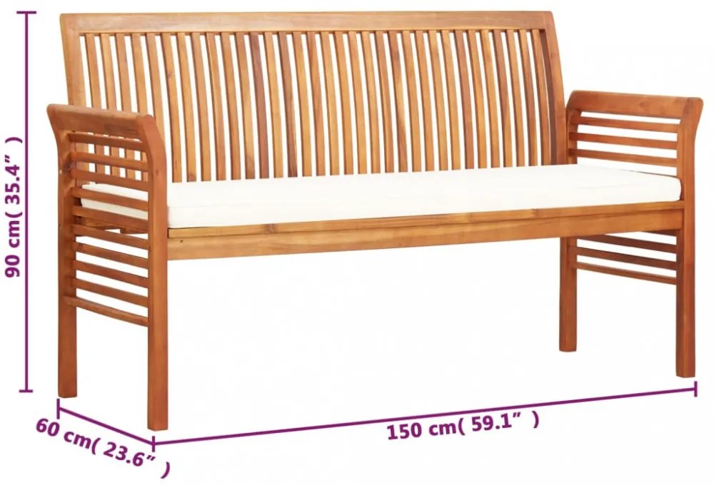 háromszemélyes tömör akácfa kerti pad párnával 150 cm