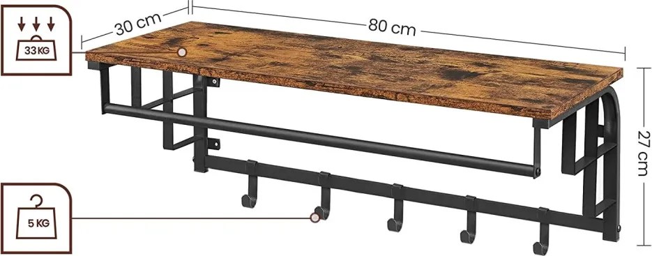 Fali ruhafogas akasztókkal és polccal, fekete 80x30x27cm