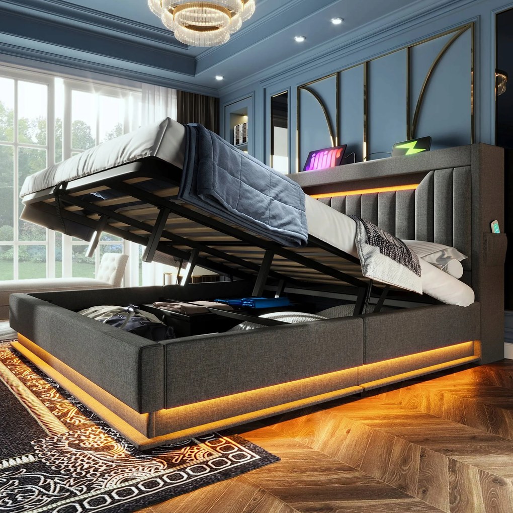 Kárpitozott ágy Franciaágy 140X200CM Led Usb-c Hidraulikus Szürke