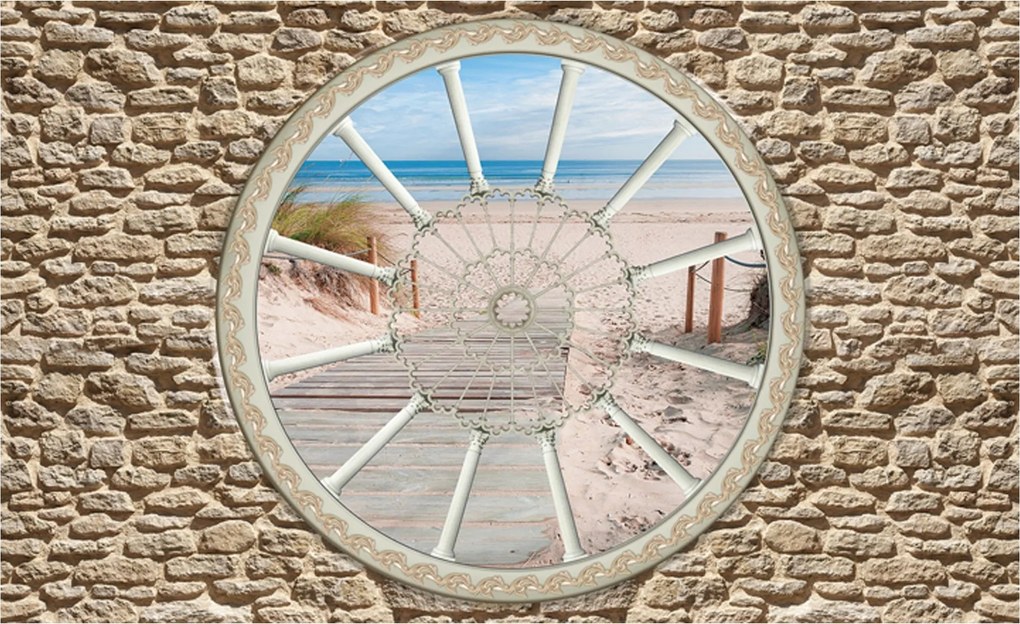 Flizelin fotótapéta Tengerpart az ablakban illúzió tengeri tájkép 250x175 +ragasztó