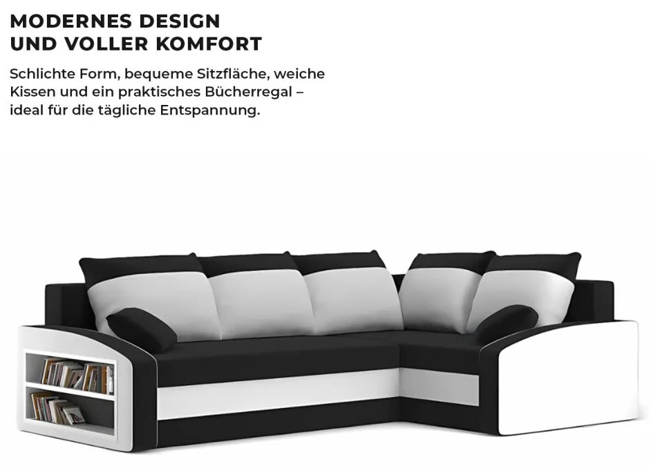 Grande sarokkanapé polcokkal , polc a bal karfaban, jobboldali, szövet anyag, bonell töltet, fekete - fehér