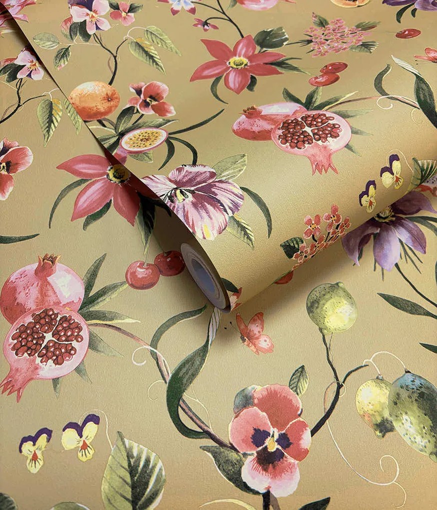 Holden Decor Wanderlust Tropica okkersárga gyümölcsös vlies tapéta – 92112