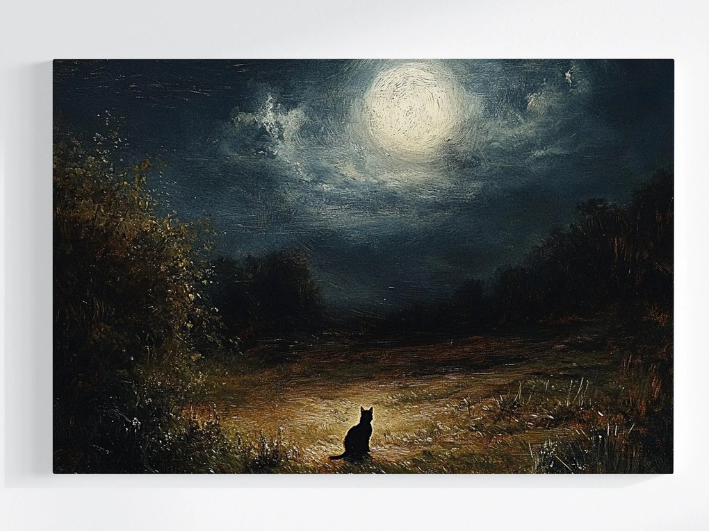 Vászonkép Canvas Nokturn Éjszaka Telihold Rét Fekete Macska 60x40