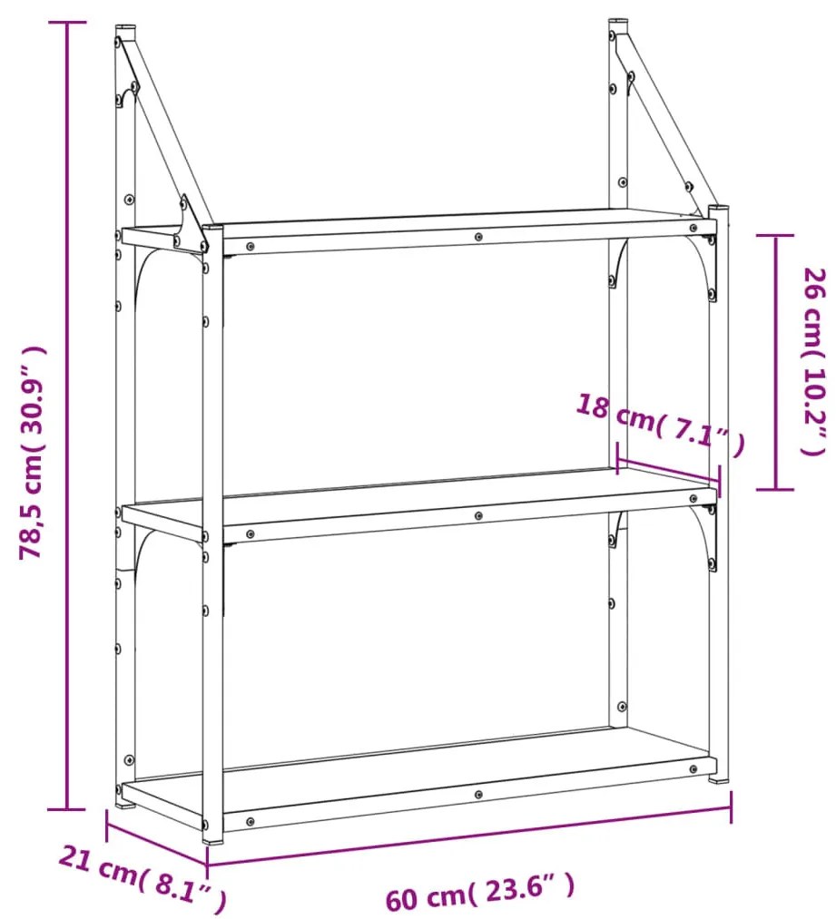 3 szintes sonoma tölgy színű szerelt fa fali polc 60x21x78,5 cm