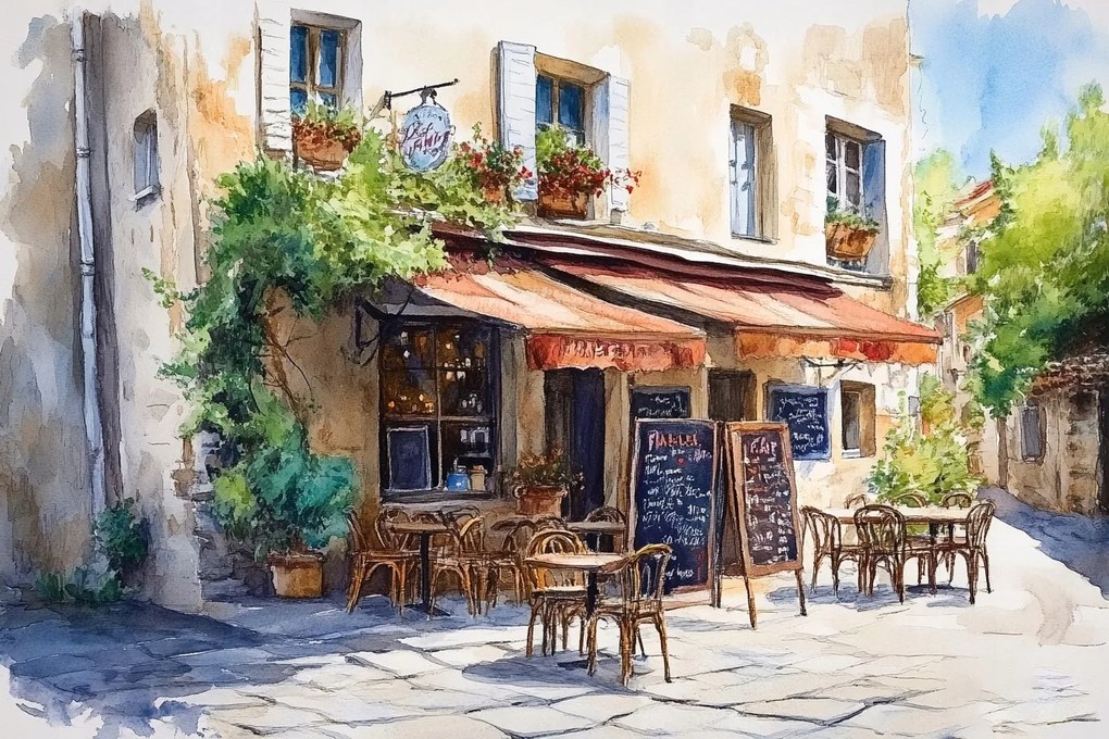 Vászonkép Canvas Kávézó Utca Franciaország Provence Akvarell 60x40