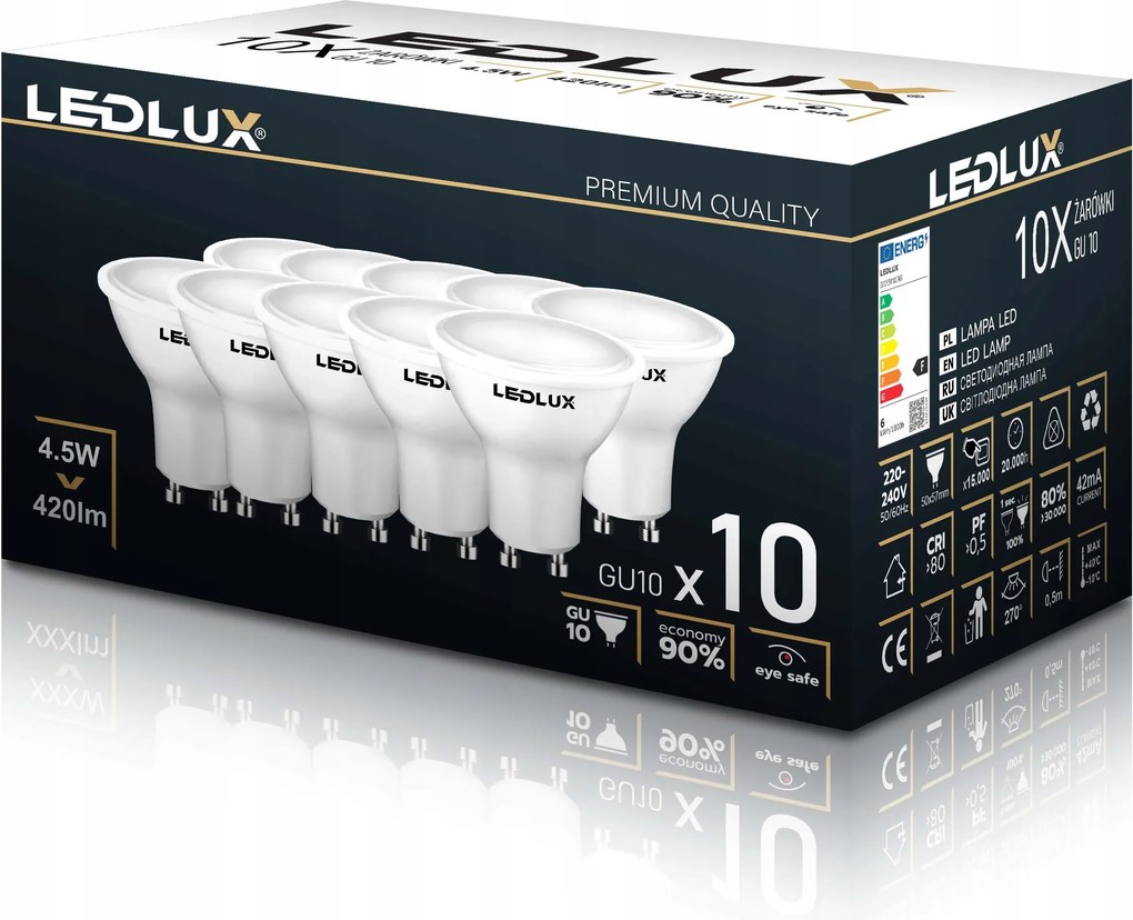 10x Led izzó GU10 4,5W =45W Smd 6000K hideg prémium Ledlux nem villog