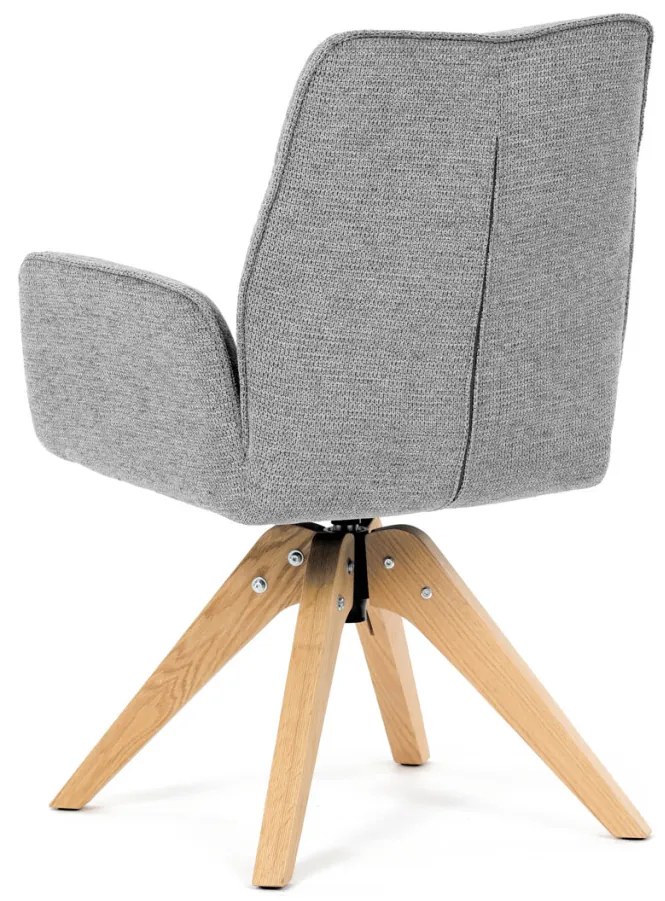 Scaun de sufragerie cu cotiere, din material hidrofug gri deschis, cu picioare de stejar, rotativ 360°