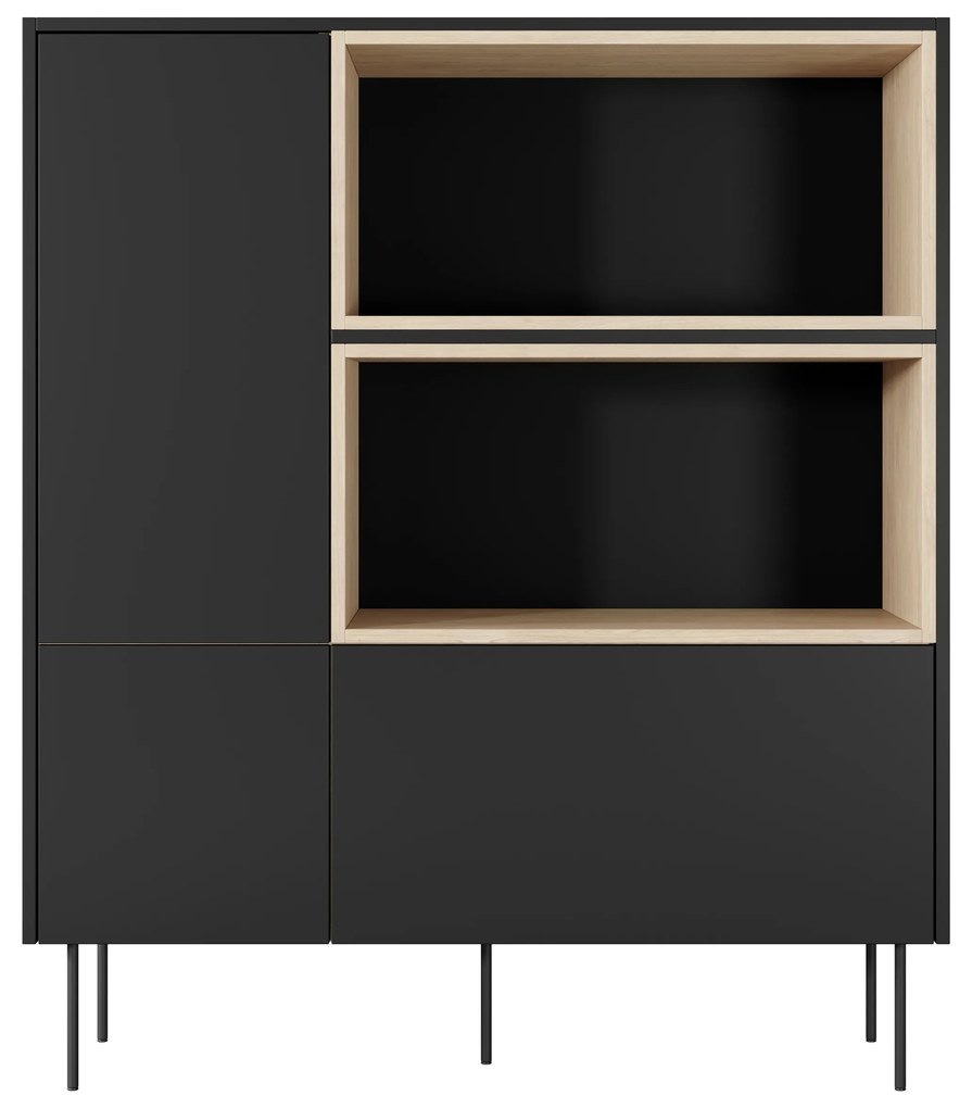 Desin magas komód 120 cm kétajtós fiókkal és nyitott polcokkal - fekete matt / nagano tölgy