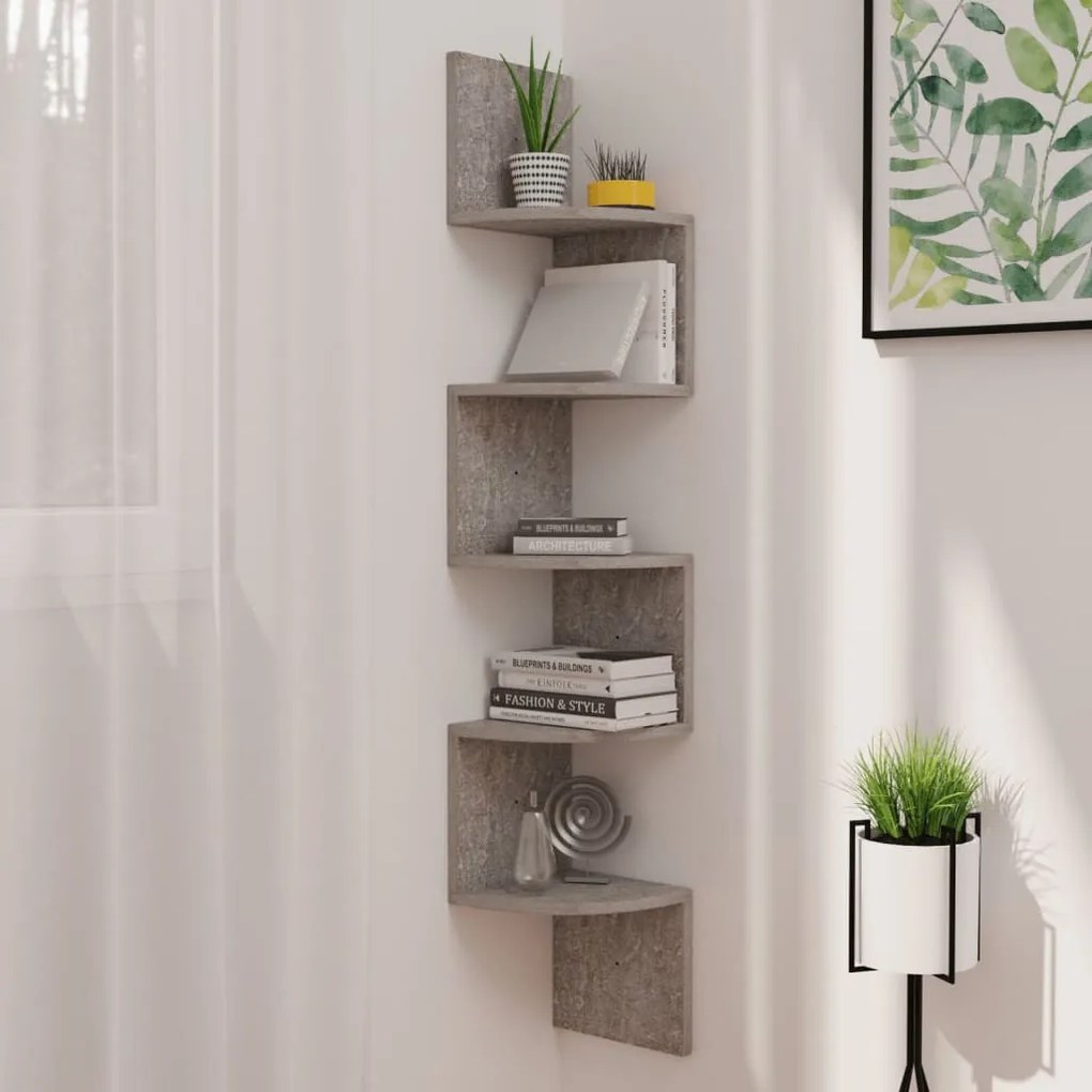 betonszürke szerelt fa fali sarokpolc 19 x 19 x 123 cm