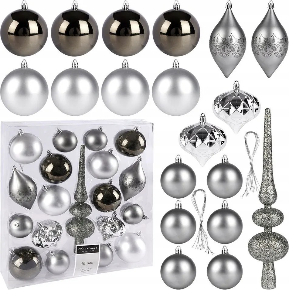 Törhetetlen Karácsonyfadísz Szett Ezüst Spicc Díszekkel 19DB-OS