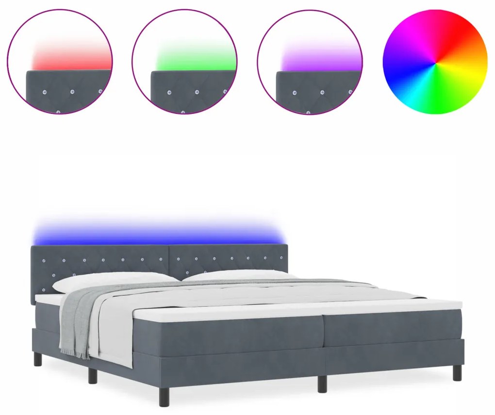 Boxspring Ágy Mattal és LED Világítással Sötét Szürke 200x200 cm Bársony