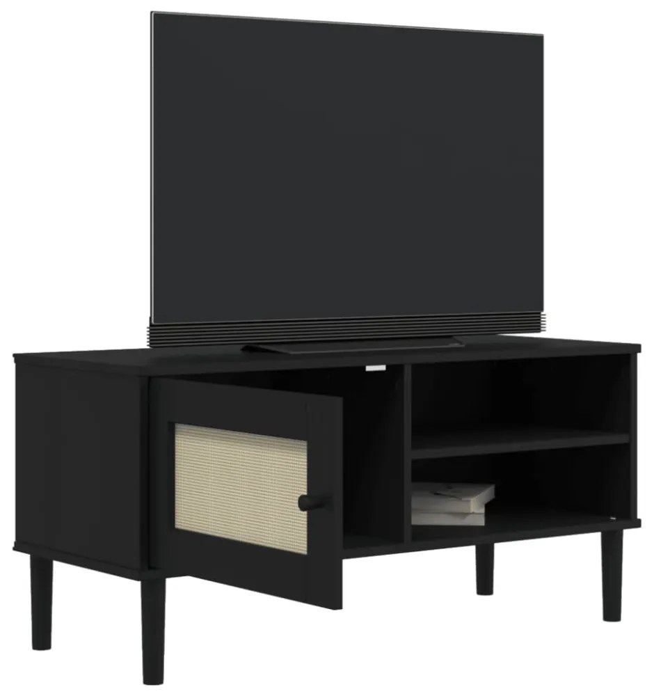 SENJA fekete rattanhatású tömör fenyő TV-szekrény 106x40x49 cm