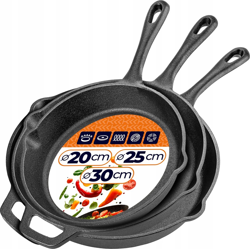 3x Öntöttvas Serpenyő Indukciós Gáz Grill 20/25/30 cm Öntöttvas Serpenyő Szett