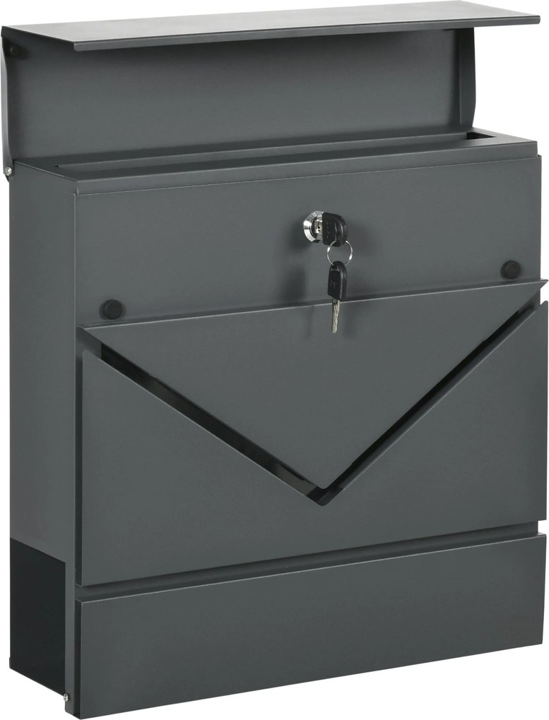HOMCOM Falra Szerelhető Postaláda Zárral, Fedéllel, Horganyzott Acélból, Kültéri Használatra, 37 x 10,5 x 37 cm, Sötétszürke | Aosom