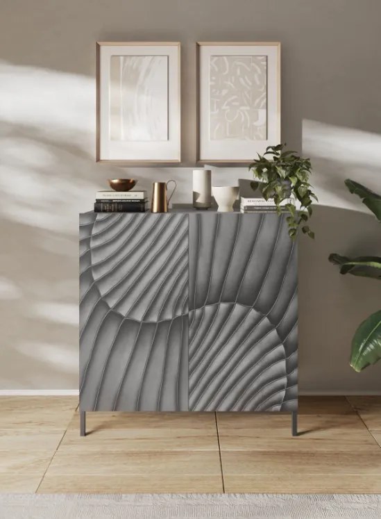 SNAKE kétajtós komód, betonhatású testtel és szürke, díszített mintázatú előlapokkal
