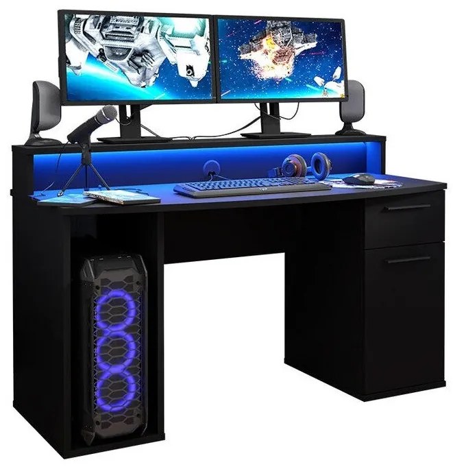 Gamer asztal York 100Fiókos, Ajtókkal, 76x140x65cm, Matt fekete
