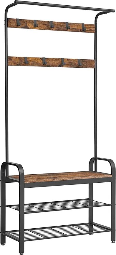 Kabáttartó, előszobafal cipőtartóval, 84 x 183 x 33,7 cm, rusztikus barna