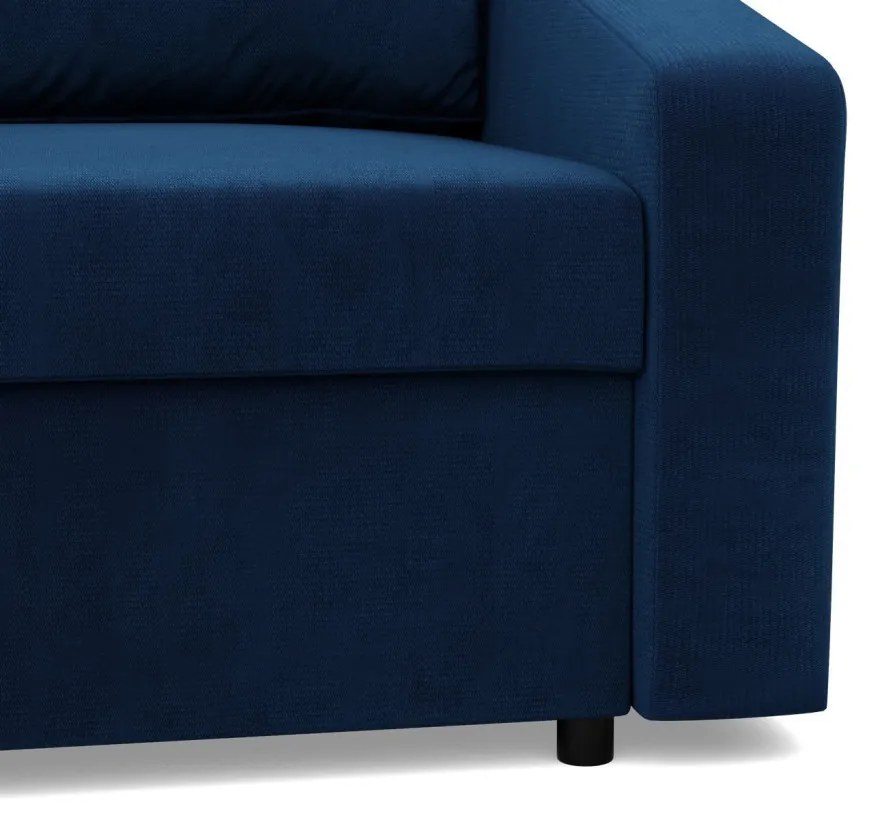 Zeus sarokkanapé, 2 ágyneműtartóval, döntött kartámasz, bársony, univerzális oldal, hab töltet, kék