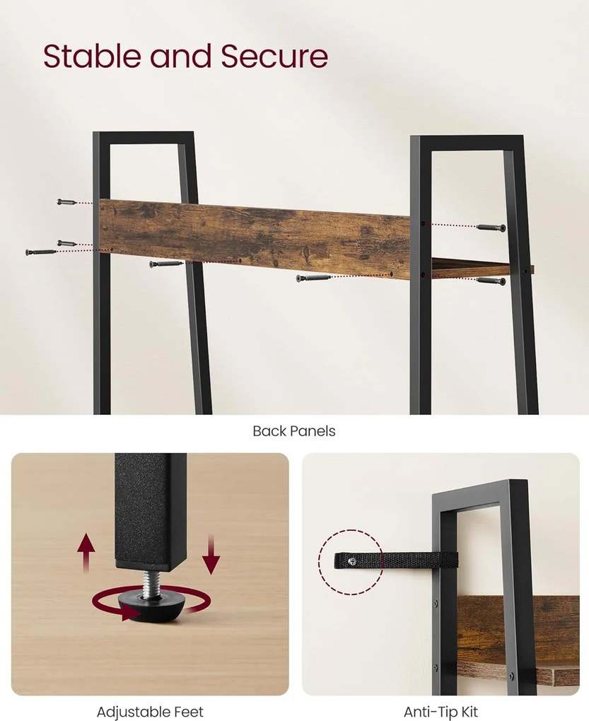 Létrapolc, 5 szintes könyvespolc, rusztikus barna és fekete