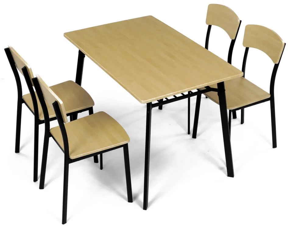 Set de sufragerie Masă cu Patru Scaune, MDF, decor Stejar Natural, cadru metalic negru