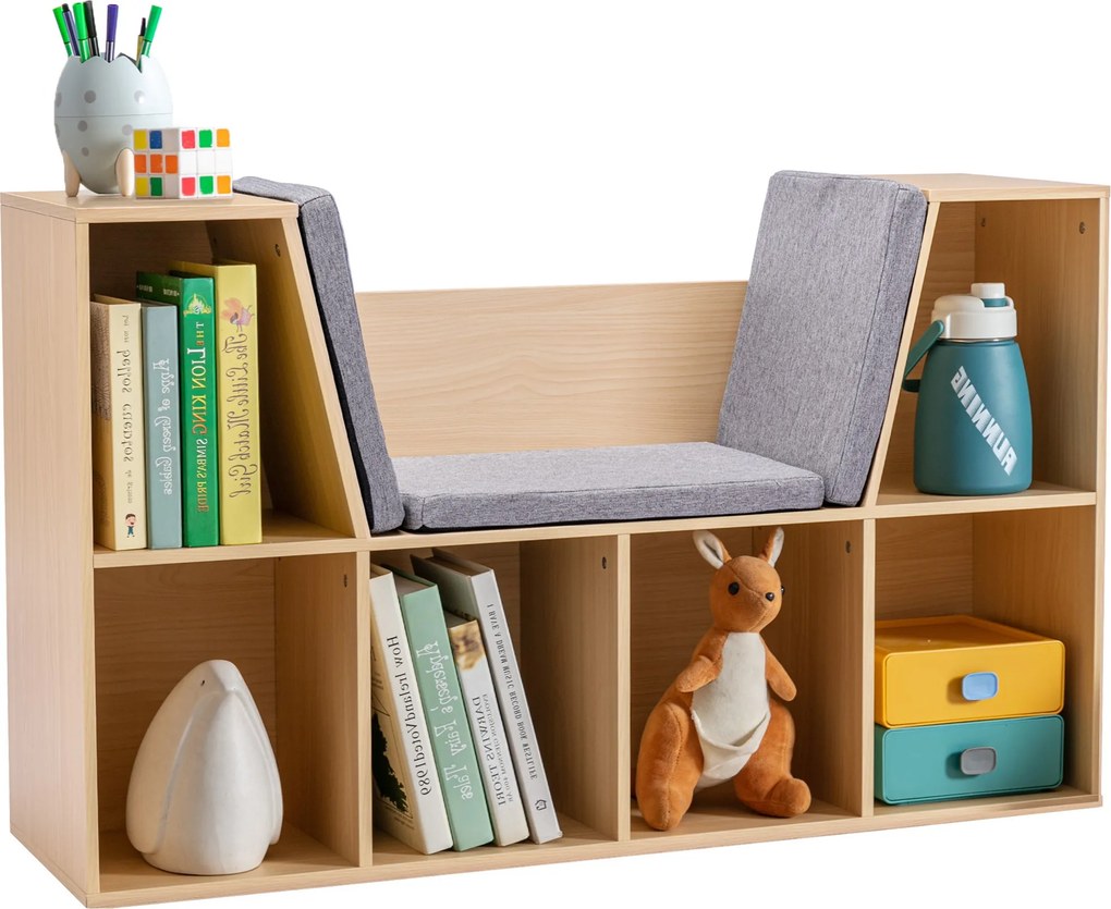 HOMCOM Gyermekpolc Ülőpadával 6 Rekeszes Gyermekpad 3 Párnával Játék Tároló 3 Éves Kortól Szürke+Természetes 103 x 30 x 62 cm | Aosom