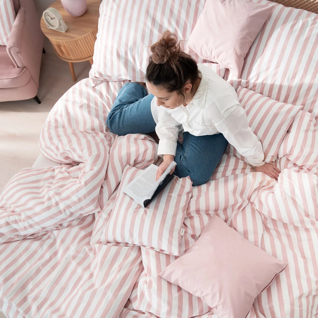 Goldea pamut ágyneműhuzat - púderrózsaszín csíkos 240 x 220 és 2db 70 x 90 cm