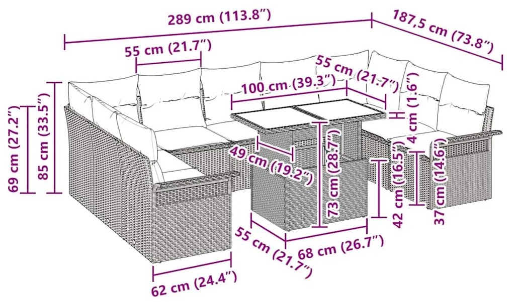 Kerti Kanapé Szett 10 pcs Fekete 100 x 55 x 73 cm Poli rattan