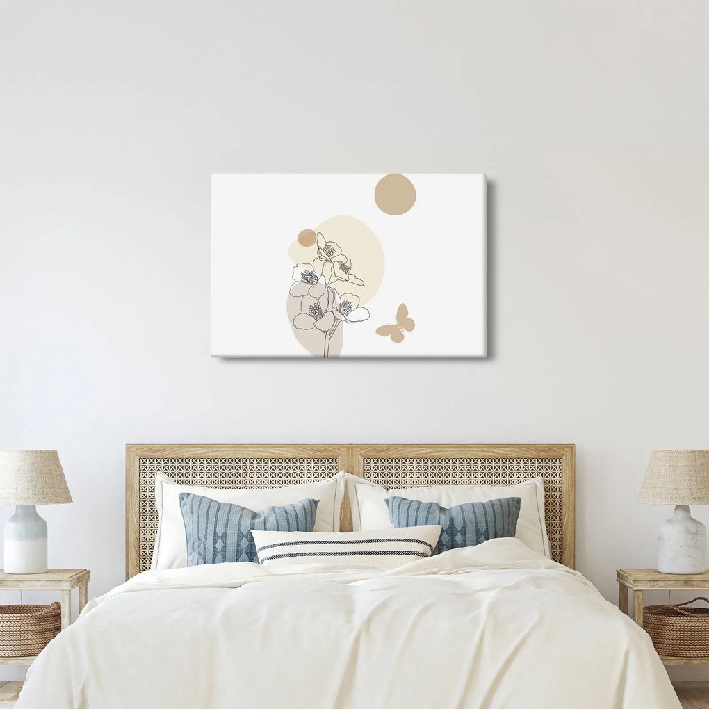 Kép - Bézs virágok pillangóval N⁰4 (90x60 cm)