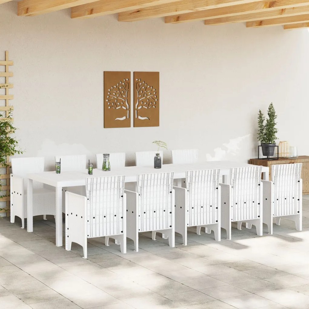 11 Darabos Kert Étkezőszett Fehér Poli Rattan, Kert Asztal Fehér 150x100x73 cm Poli Rattan, Kert Székek 2 db Fehér Poli Rattan, Kert Székek 4 db Fehér Poli Rattan