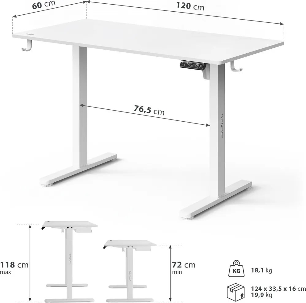 Állítható magasságú íróasztal Nojo Light 120 cm x 60 cm fehér