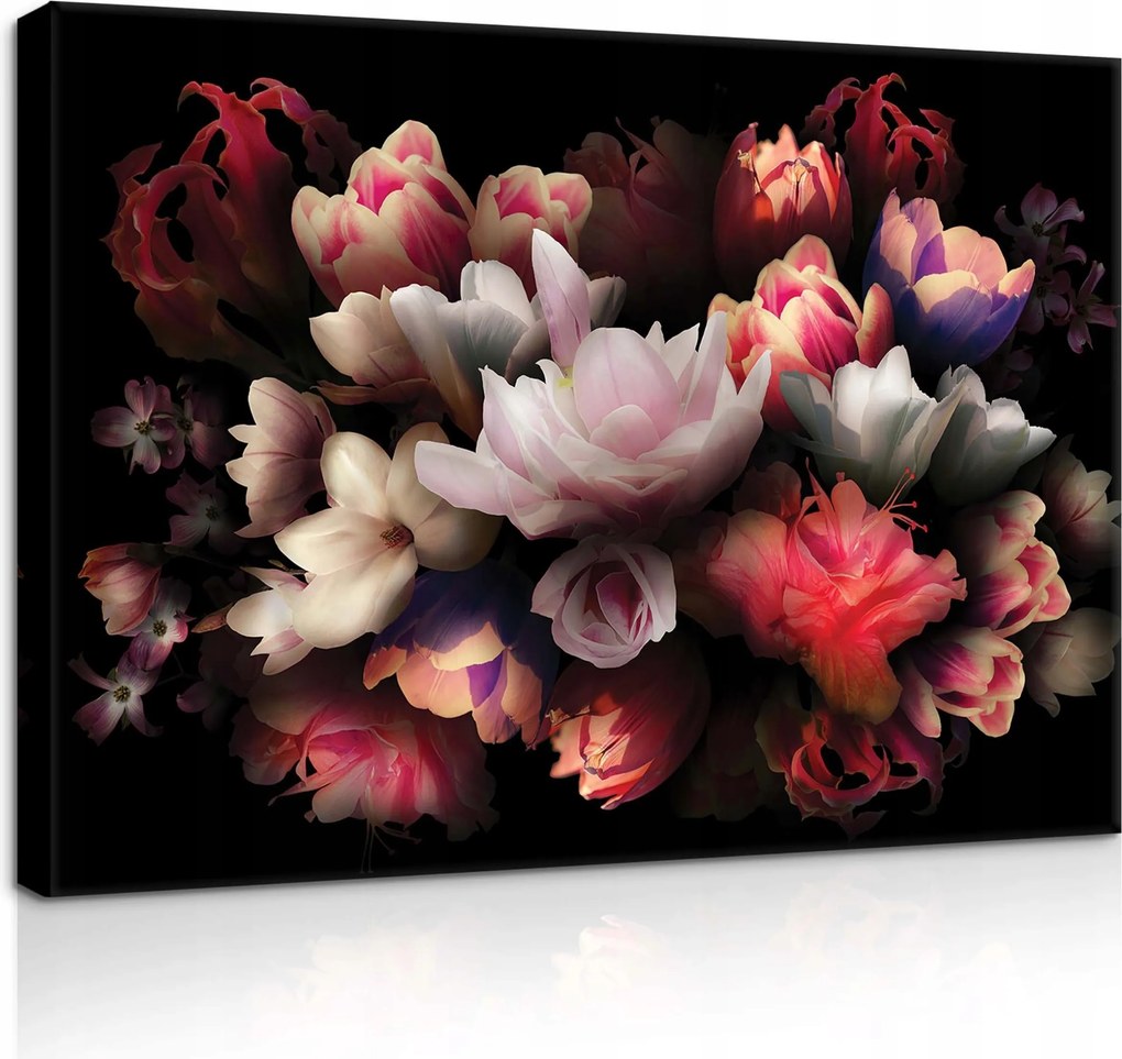 Vászonkép 70x50 Finom virágok sötét háttér kontraszt fénycsokor