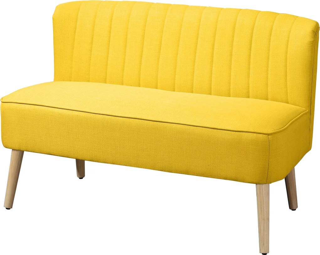 HOMCOM kar nélküli kétszemélyes szövetkanapé dekoratív varrással — párnázott, helytakarékos modern kanapé gumifa lábakkal, 117 x 56,5 x 77 cm, sárga |