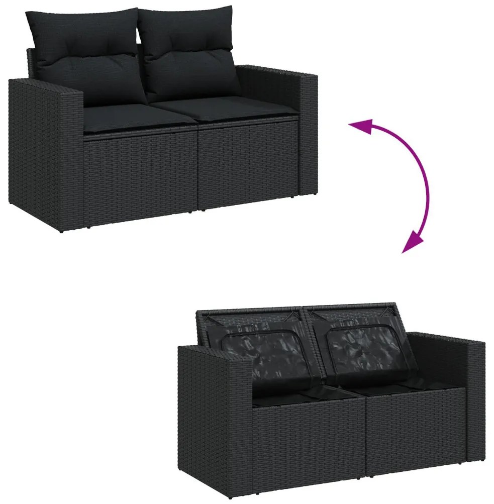 8 darabos kerti kanapé szett párnákkal fekete poly rattan akáccal, 3 darabos kerti étkező szett párnákkal fekete poly rattan akáccal