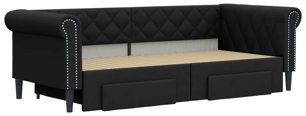 fekete kihúzható műbőr heverő fiókkal 90 x 200 cm