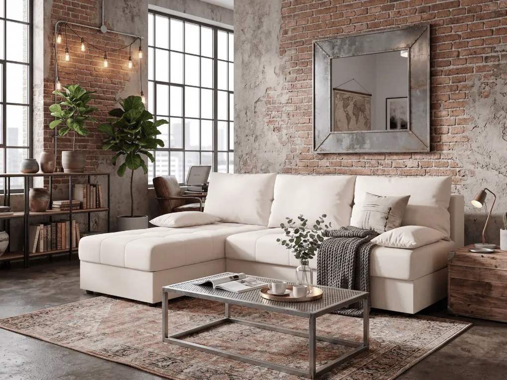 Ágyazható, kétoldalas L alakú kanapé VENORIA SLIM 200x143 cm, krém színű + 2 db díszpárna INGYEN